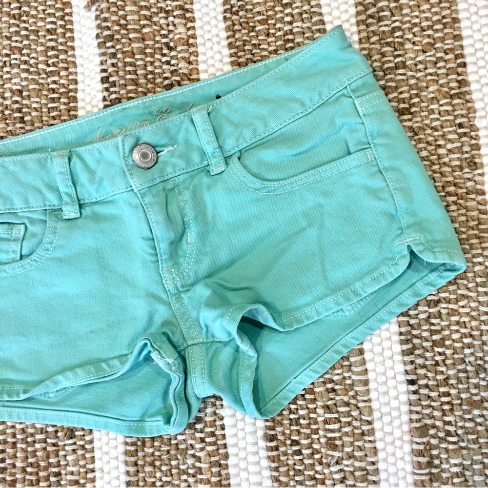 American Eagle aqua green stretch Y2K low rise summer shorts beach teal …